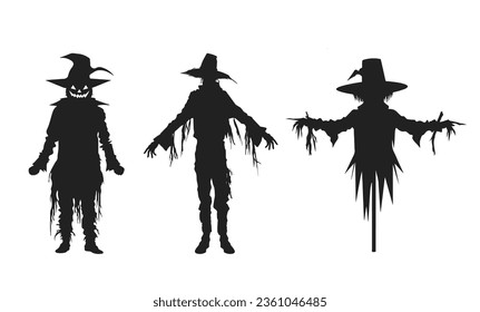 Halloween black silhouettes of scarecrow isolated on white background. Vector illustration