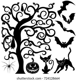 Halloween black silhouettes set of bats, cats, pumpkin and spider around the inclined tree, vector design elements