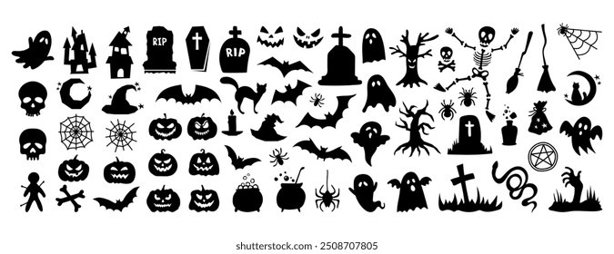 Conjunto de siluetas negras de Halloween. Colección de ilustraciones negras, personajes de Halloween aislados sobre fondo blanco. Vector Elementos festivos - calabazas, fantasmas, murciélagos, arañas y Elementos mágicos