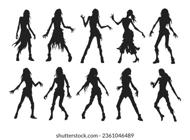 Halloween black silhouettes of zombie girls isolated on white background. Vector illustration