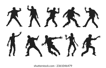 Halloween black silhouettes of zombie isolated on white background. Vector illustration