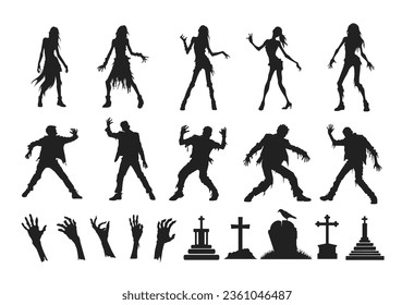 Halloween black silhouettes of zombie isolated on white background. Vector illustration