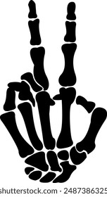 Halloween Black Skeleton Hand with Peace Symbol. Evil Finger and Ghost Graphic for Posters and Stickers. Trendy Tattoo. Grunge Style.