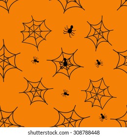 Halloween black spider web pattern orange background, seamless vector texture, for textile, wallpaper and gift wrapping paper using