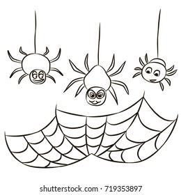 Halloween black spider web and three spiders isolated on white background. Vector design elements.