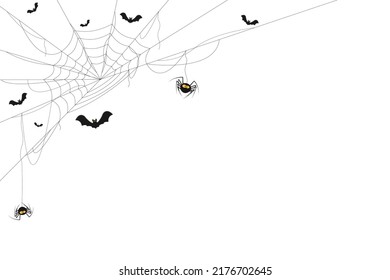 Halloween black spiderweb. bat isolated on white background. Horror decoration for your design. Simple sketch. Flying bat cartoon silhouette. Vector illustration