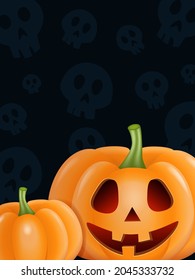 Halloween black vector background with skulls and two pumpkins