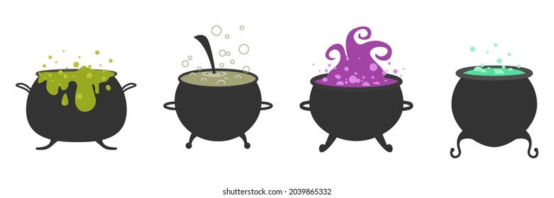 Halloween. Black vector cauldron with green witches magic broth