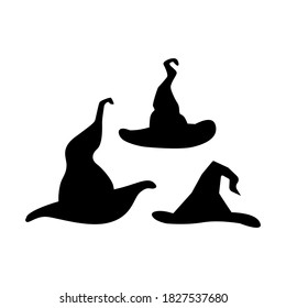 Halloween black vector illustration set with three witch or wizard hats isolated on white background. Vector silhouettes