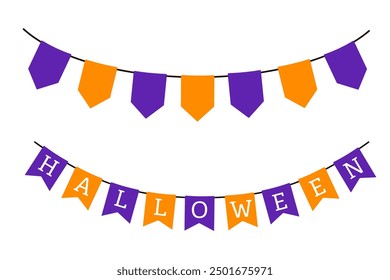 Halloween black and violet flags. Vector pennant isolated on white background. Hanging fall party garland.