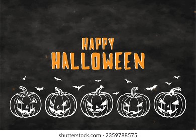 Halloween black watercolor background. Happy Halloween text with outline drawing illustration of jack o lanterns and silhouette of flying bats. Halloween theme background design concept.