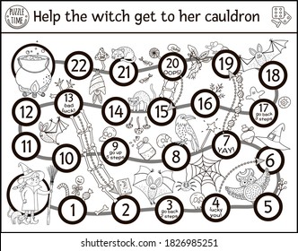 Halloween black and white board game for children with cute witch and scary animals. Educational boardgame with witch, broom, black cat, cauldron. Funny printable coloring page. 
