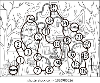 Halloween black and white board game for children with haunted house and cute children. Educational line boardgame with bat, skeleton, ghost. Help the children go through the spooky cottage. 
