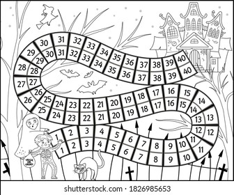 Halloween black and white board game for children with spooky castle and cute children. Educational boardgame with haunted house. Scary printable coloring page. 
