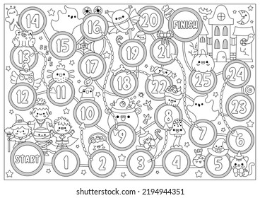 Halloween black and white board game for children with haunted house and cute kawaii children. Autumn holiday party boardgame with witch, ghost. Printable activity or coloring page
