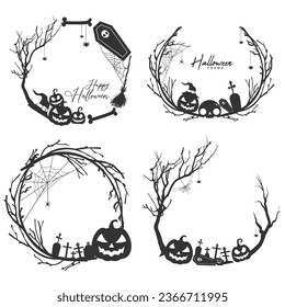 halloween black and white circular frame concept with tree branches and witch hat