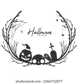 halloween black and white circular frame concept with tree branches and witch hat