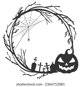 halloween black and white circular frame concept with tree branches and witch hat