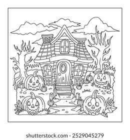 Halloween Black and white coloring pages. Haunted house, pumpkins, simple lines