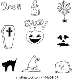 Halloween Black white doodle vector art illustration flat