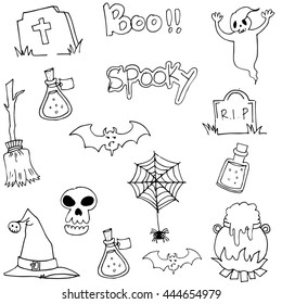 Halloween black white in doodle vector with hand draw