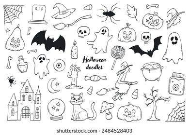 Halloween black and white doodles collection isolated on white background for coloring pages, prints, cards and posters decor, stickers, sublimation, etc. EPS 10