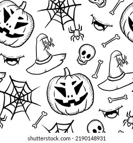 Halloween black and white doodles seamless background. Cute hand drawn repeat festival elements endless pattern of falling pumpkin witch hat skull spider web bone