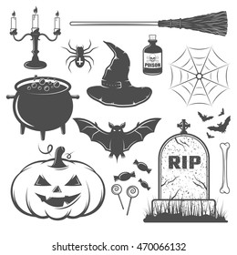 Halloween black white elements set with witch broom and hat pumpkin and cauldron animals isolated vector illustration  