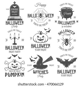 Halloween black white emblems of parties and celebrations with holiday symbols and traditional saying isolated vector illustration 