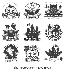 Halloween black white emblems of parties and greetings with holiday attributes and sayings isolated vector illustration 