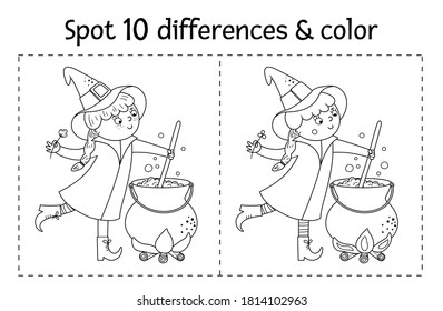 Halloween black and white find differences game for children. Autumn educational activity with funny witch, cauldron, cat. Printable worksheet or coloring page with smiling character. 
