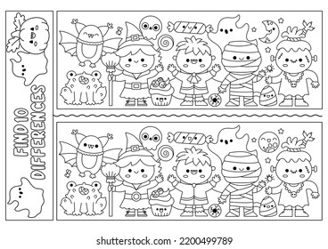 Halloween black and white find differences game. Attention skills line activity with cute witch, vampire, mummy. Puzzle for kids or coloring page. Printable what is different worksheet
