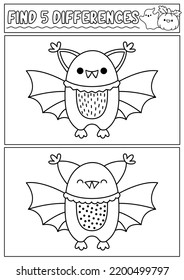 Halloween black and white find differences game for children. Attention skills line activity with cute bat. Puzzle for kids with funny character. Printable what is different worksheet or coloring page