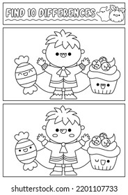 Halloween black and white find differences game for children. Attention skills line activity with cute vampire boy, sweet. Puzzle or coloring page. Printable what is different worksheet

