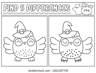 Halloween black and white find differences game for children. Attention skills line activity with cute owl. Puzzle for kids with funny character. Printable what is different worksheet, coloring page