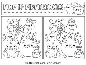 Halloween black and white find differences game for children. Attention skills line activity with cauldron, frog, potion. Puzzle for kids or coloring page. Printable what is different worksheet
