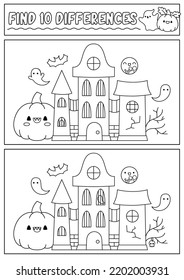 Halloween Black And White Find Differences Game For Children. Attention Skills Line Activity With Cute Haunted House. Puzzle For Kids Or Coloring Page. Printable What Is Different Worksheet
