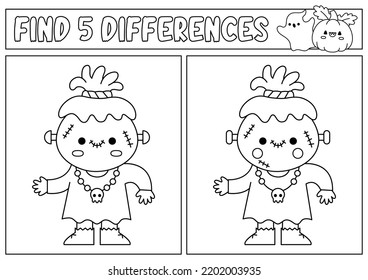 Halloween black and white find differences game for children. Attention skills line activity with cute voodoo or Frankenstein monster. Puzzle or coloring page. Printable what is different worksheet
