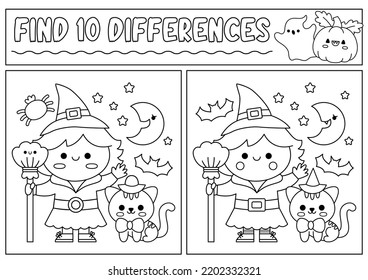 Halloween black and white find differences game for children. Attention skills line activity with cute witch, black cat. Puzzle for kids or coloring page. Printable what is different worksheet
