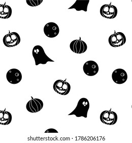 Halloween black and white ghost, pumpkin and moon seamless pattern