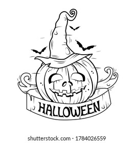 Halloween black and white illustration . Vector. Banner, coloring book.