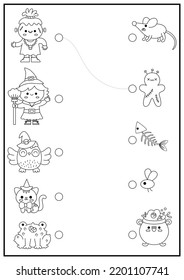 Halloween black and white matching activity with cute kawaii witch, owl, cat, monster. Autumn holiday line puzzle with cauldron, mouse, frog. Match the objects game. All saints day coloring page
