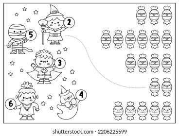 Halloween black and white matching game with trick or treat sweets and cute kawaii kids. Autumn line math activity for preschool children. Educational printable counting worksheet or coloring page
