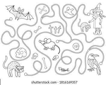 Halloween black and white maze for children. Autumn preschool printable educational activity. Funny day of the dead game or puzzle with black kitten, bat, mouse. Help the cat get to the witch
