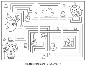 Maíz blanco y negro de Halloween para los niños. Actividad imprimible de la línea de vacaciones de otoño con adorable bruja kawaii, gato, fantasma. Aterradora página de colores laberínticos con personajes lindos
