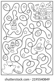 Halloween black and white maze for kids. Autumn holiday preschool printable activity with cute kawaii ghost and haunted cottage. Scary labyrinth coloring page. All saints day worksheet
