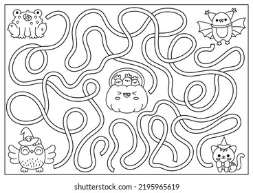 Halloween black and white maze for kids. Autumn holiday preschool line printable activity with cute kawaii animals and pumpkin with sweets. Scary labyrinth game. Trick or treat coloring page
