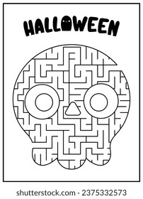 Halloween black and white maze for kids in shape of scull. Autumn holiday line preschool printable activity with cute kawaii. Scary labyrinth coloring page 
