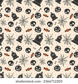 Halloween black and white pattern background with spiderwebs tombstones and halloween candy