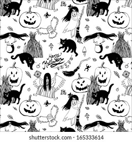 halloween black   white pattern and brooms  cats  pumpkins  haystacks  owls   witches 